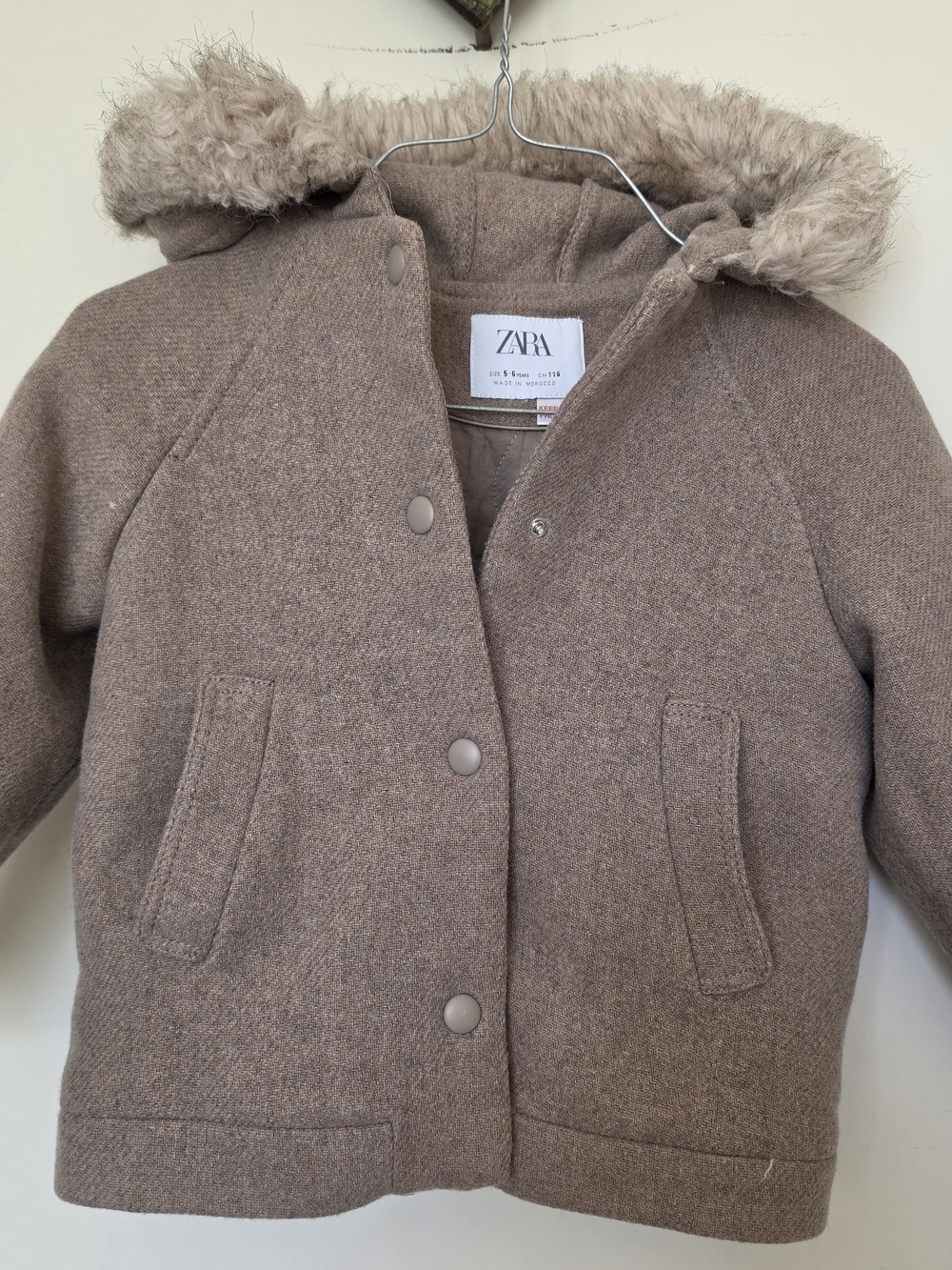 ZARA Toddler Brown Hooded Wool-Blend Coat with Faux Fur Trim